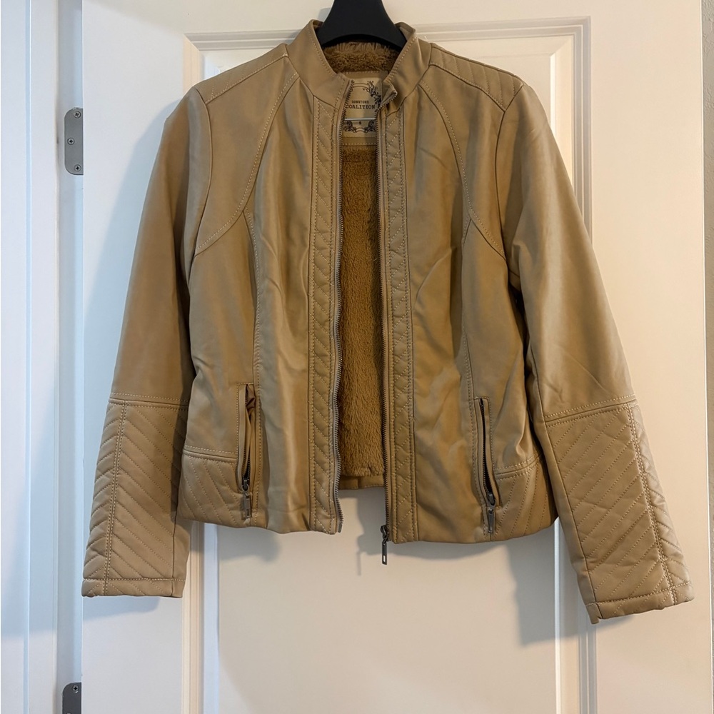 Downtown Coalition:  Tan fake leather lined jacket size S